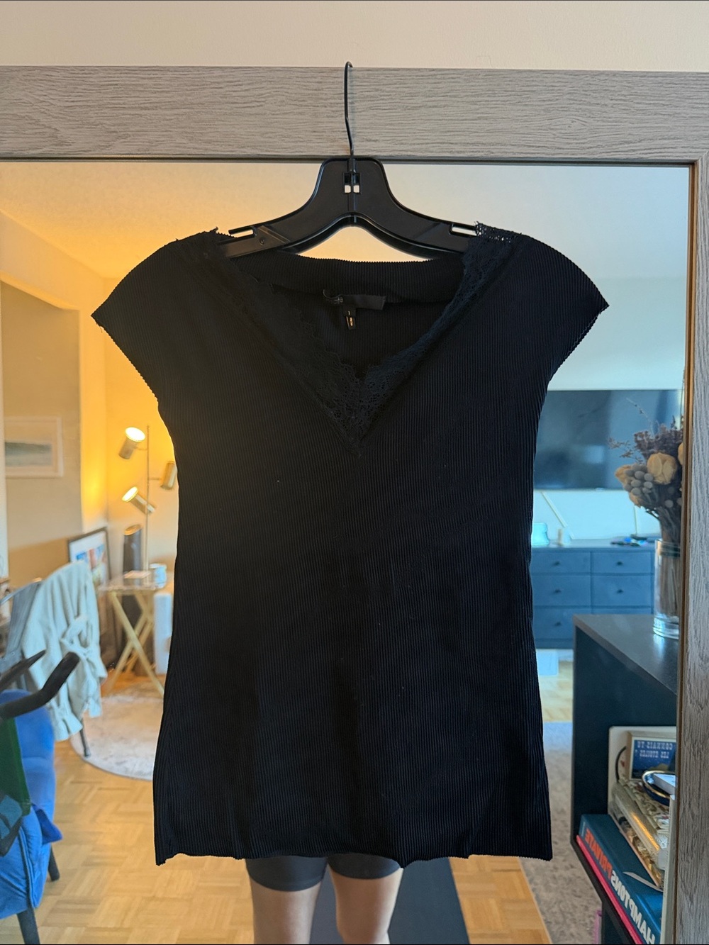 Maje Black Ribbed V-Neck short sleeved top with Lace Trim